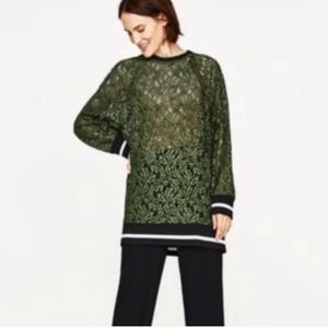 Zara Long sweatshirt style pullocer top with lace crew neck Khaki